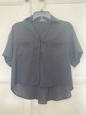 Cider collar pocket button up short‎ sleeve crop blouse black XXS